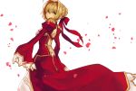  1girl ahoge ass blonde_hair bow butt_crack dress epaulettes fate/extra fate_(series) greatpengh green_eyes hair_bow highres long_hair looking_at_viewer petals red_bow red_dress saber_extra simple_background smile solo white_background 