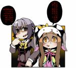  2girls :3 animal_costume animal_ears ayame_(0419) bangs blunt_bangs bow bunny_costume cosplay creepy creepy_eyes grey_eyes hand_on_own_face ichihara_nina idolmaster idolmaster_cinderella_girls kigurumi koshimizu_sachiko light_brown_hair long_hair long_sleeves looking_at_viewer multiple_girls orange_eyes purple_hair rabbit_ears shaded_face smile translation_request 