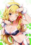  1girl ;p ahoge animal_ears bell bell_collar blonde_hair blush breasts cat_ears cat_tail cleavage collar collarbone fake_animal_ears fake_tail fur-trimmed_bikini fur_trim garana green_eyes hairband heart hoshii_miki idolmaster large_breasts long_hair looking_at_viewer navel one_eye_closed paw_pose paw_print scrunchie solo tail tongue tongue_out two-tone_background wrist_scrunchie 