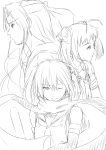  3girls ahoge bangs commentary double_bun elbow_gloves forehead_protector gloves highres jintsuu_(kantai_collection) kantai_collection long_hair looking_at_viewer monochrome multiple_girls naka_(kantai_collection) necktie niwatazumi one_eye_closed parted_bangs scarf school_uniform sendai_(kantai_collection) serafuku shirt short_hair short_sleeves sketch sleeveless sleeveless_shirt smile two_side_up upper_body white_background 