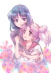  2girls bishoujo_senshi_sailor_moon black_eyes black_hair blush chibi_usa highres hug hug_from_behind matsurika_yuuri multiple_girls open_mouth pink_eyes pink_hair sailor_collar short_hair star tomoe_hotaru upper_body yuri 