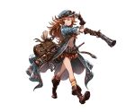  1girl bag belt boots fingerless_gloves full_body gloves goggles granblue_fantasy gun hat holding holding_weapon jacket knee_boots long_coat long_hair looking_at_viewer mary_(granblue_fantasy) minaba_hideo oil_lamp orange_eyes orange_hair pleated_skirt short_sleeves simple_background skirt smile solo striped striped_legwear weapon 