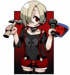  1girl ayame_(0419) black_legwear blonde_hair choker cowboy_shot dvd_case ear_piercing flashlight hair_over_one_eye hammer idolmaster idolmaster_cinderella_girls looking_at_viewer piercing red_background red_eyes shirasaka_koume shirt short_shorts shorts skull skull_print smile solo suspenders t-shirt thigh-highs 