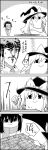  1boy 4koma board_game character_request comic commentary_request greyscale hat highres kirisame_marisa monochrome pom_pom_(clothes) scarf shameimaru_aya shougi tani_takeshi tokin_hat touhou translation_request witch_hat yukkuri_shiteitte_ne 