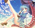  barefoot blue_hair danmaku feet geta heterochromia karakasa karakasa_obake ken2325_(artist) nail_polish red_eyes sandals short_hair sousouman tatara_kogasa tongue touhou umbrella 