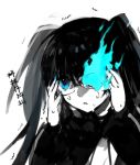  black_hair black_rock_shooter black_rock_shooter_(character) blue_eyes glasses long_hair pale_skin scar solo starshadowmagician sweat twintails 