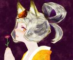  blush fox_ears grey_hair hair_up japanese_clothes kasuga_(artist) kimono kongiku leaf leaf_on_head lips oboro_muramasa oboro_muramasa_youtouden orange_eyes profile solo vanillaware 