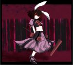  animal_ears arms_behind_back atoshi black_hair bunny_ears crop_top hammer highres inaba_tewi mallet mary_janes midriff rabbit_ears red_eyes red_hair shoes short_hair skirt slit_pupils smile standing touhou 