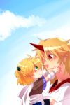  bad_id blonde_hair child green_eyes highres horn horns hoshiguma_yuugi long_hair mizuhashi_parsee pointy_ears red_eyes rex rex_k scarf short_hair touhou 