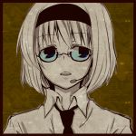  bad_id bespectacled blue_eyes glasses grey_hair headset highres microphone monochrome necktie short_hair spot_color touhou yjy 