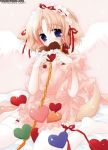  blonde_hair blue_eyes blush chains chocolate dog_ears dog_tail doggirl eating loli looking_at_viewer short_hair wings 