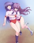  buruma dutch_angle furude_rika gym_uniform hanyuu higurashi_no_naku_koro_ni horns hug iiru long_hair purple_eyes purple_hair simple_background very_long_hair violet_eyes 