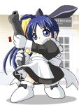 blue_hair chibi crossover gun hoihoi-san ichigeki_sacchuu!!_hoihoi-san itou_noemi maid side_ponytail waitress weapon with_you 