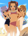  3girls ahoge angry animal_ears bikini blonde_hair blue_eyes brown_hair cat_ears child hair_ribbon hairband kl multiple_girls one-piece_swimsuit one_leg_raised open_mouth pixiv pixiv_fantasia pixiv_fantasia_3 purple_hair red_ribbon ribbon school_swimsuit short_hair swimsuit tears trample wet yellow_ribbon 