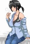  black_hair blouse blush breath brown_eyes cleavage digital_thermometer jeans open_mouth original pill pills ponytail sitting smile sweat tank_top thermometer uokaiza 