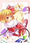  1girl blonde_hair bow dress fang flandre_scarlet frame hair_bow highres looking_at_viewer looking_back open_mouth red_dress red_eyes side_ponytail smile solo touhou wings yuimari 