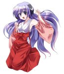  bare_shoulders bikuto_ryuu detached_sleeves hanyuu higurashi_no_naku_koro_ni horns japanese_clothes jumping long_hair miko open_mouth purple_eyes purple_hair simple_background smile very_long_hair violet_eyes 