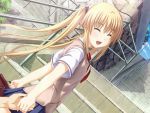  bag blonde_hair closed_eyes hand_holding holding_hands long_hair looking_back necktie nekonyan sakaagari_hurricane school_bag school_uniform smile stairs twintails 