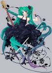  absurdres akiyama_mio akiyama_mio_(cosplay) bad_id bass_guitar blue_legwear cosplay don&#039;t_say_lazy don't_say_&quot;lazy&quot; dress face_paint facepaint fingerless_gloves gloves green_eyes green_hair guitar hat hatsune_miku highres instrument k-on! lilithbloody long_hair microphone microphone_stand mini_top_hat pantyhose solo top_hat twintails vocaloid 