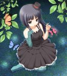  bad_id bangs black_eyes black_hair blue_legwear blunt_bangs butterfly don&#039;t_say_lazy don't_say_&quot;lazy&quot; dress fingerless_gloves gloves hat hime_cut k-on! kneeling kotobamaru leaf leaves long_hair mini_top_hat pantyhose solo striped submerged top_hat water wet wet_clothes 