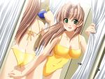  blush brown_hair butt_crack clockup curtains dressing_room game_cg green_eyes long_hair mirror one-piece one-piece_swimsuit presence reflection sasakawa_ai solo swimsuit 