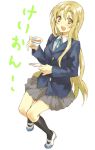  atsumu_sakamoto black_kneehighs blonde_hair k-on! kneehighs kotobuki_tsumugi long_hair sakamoto_atsumu school_uniform shoes skirt socks solo tea uwabaki 