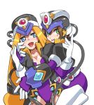  blonde_hair blue_eyes breasts brown_hair capcom cosplay green_eyes hug prairie rockman rockman_zx shigehiro_(artist) tongue 