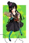  bangs bass_guitar black_eyes black_hair blue_legwear blunt_bangs don&#039;t_say_lazy don't_say_&quot;lazy&quot; dress face_paint facepaint fingerless_gloves foreshortening gloves hat hime_cut instrument k-on! long_hair microphone microphone_stand mini_top_hat nail_polish pantyhose plectrum solo striped top_hat unasaka_ryou 