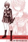  eyepatch katana monochrome pink school_uniform short_hair sketch skirt sword weapon 