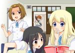  akiyama_mio blush book hirasawa_yui k-on! kotobuki_tsumugi maki_(maki88) multiple_girls school_uniform surprise surprised sweat tainaka_ritsu 