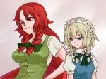  blue_eyes braid hairband hong_meiling izayoi_sakuya large_breasts long_hair maid red_eyes red_hair redhead ribbon shiba_murashouji short_hair silver_hair touhou twin_braids 