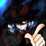  blue_hair dark hat hat_over_one_eye kibana_tsuitachi nagae_iku red_eyes short_hair touhou 