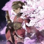  brown_hair comb japanese_clothes katana kimono miso_katsu momohime oboro_muramasa oboro_muramasa_youtouden sheath sheathed short_hair solo sword tree vanillaware weapon 