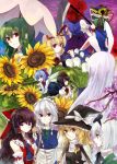  6+girls cirno flower green_hair hakurei_reimu izayoi_sakuya kazami_yuuka kirisame_marisa konpaku_youmu long_hair medicine_melancholy multiple_girls nr_(cmnrr) onozuka_komachi phantasmagoria_of_flower_view reisen_udongein_inaba shameimaru_aya shikieiki_yamaxanadu sunflower touhou 