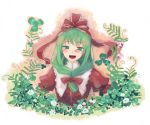  green_hair hair_ribbon happy kagiyama_hina long_hair open_mouth ribbon smile solo takuzui touhou 