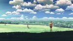  brown_hair cloud clouds field landscape scenery screencap shinkai_makoto short_hair skirt solo sumita_kanae 