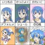  :o blue_eyes blue_hair bow chart dragon_quest dragon_quest_v dress earrings expressions eyes fang flora hair_bow high_heels jewelry long_hair parody partially_translated sanndo shoes style_parody translation_request 