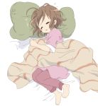  1girl barefoot blanket brown_hair core_(mayomayo) hirasawa_yui k-on! lying pillow short_hair sleep_wear sleeping solo translated 