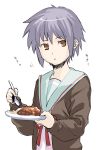  bad_id brown_eyes cardigan curry eating food lavender_hair nagato_yuki ribbon school_uniform short_hair simple_background sketch suzumiya_haruhi_no_yuuutsu yaguchiya 