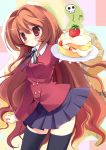  bad_id black_legwear black_thighhighs blush brown_eyes brown_hair cake food long_hair mamita pastry plate school_uniform skirt thigh-highs thighhighs toradora! very_long_hair zettai_ryouiki 