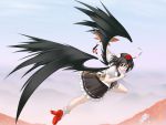  1600x1200 black_wings fan flying geta hat highres jerry red_eyes shameimaru_aya short_hair tengu-geta tokin_hat touhou wallpaper wings 