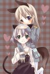  animal_ears bad_id black_legwear blue_eyes blush cat_ears cat_tail eila_ilmatar_juutilainen green_eyes hug multiple_girls pantyhose sanya_v_litvyak short_hair silver_hair spica_(artist) spica_(clover4) strike_witches tail uniform white_legwear white_pantyhose yuri 