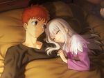  artist_request bed emiya_shirou fate/hollow_ataraxia fate/stay_night game_cg illyasviel_von_einzbern lingerie nightgown orange_hair ribbon takeuchi_takashi type-moon white_hair 