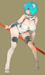  ayanami_rei bandage bandage_over_one_eye bandages bare_shoulders bent_over blue_hair breasts legs neon_genesis_evangelion polearm red_eyes short_hair simple_background solo thigh-highs thighhighs weapon 