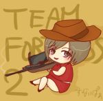  brown_hair chibi gun hat lowres meiko parody rifle sniper_rifle solo team_fortress_2 the_sniper vitamin vocaloid weapon 