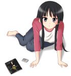  1girl akiyama_mio all_fours bad_feet bad_id barefoot black_hair blue_eyes fukamori_reo k-on! long_hair magazine raglan_sleeves solo white_background 