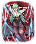  armpits arms_up bare_shoulders bat_wings breasts capcom cleavage darkstalkers demon_girl detached_sleeves elbow_gloves gloves head_wings headwings ill ill-zyon leotard lips long_hair lying morrigan_aensland pantyhose succubus vampire_(game) wings yellow_eyes 