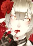  blood blood_on_face cat_eyes choker earrings eyeshadow face fingerless_gloves flower gloves hair_flower hair_ornament jewelry kyo kyo_(kuroichigo) licking_lips lipstick nail_polish original pale_skin ponytail red_lipstick ring rose silver_hair slit_pupils tongue yellow_eyes 