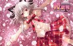  blush cat_ears cherry_blossoms frills gathers grey_hair hair_ribbon hanafubuki highres lace long_hair lying on_back outstretched_arms petals plaid plaid_skirt pleated_skirt red_eyes ribbon sakuramori_akasha sakurazawa_izumi school_uniform short_hair skirt solo spread_arms tartan wallpaper 