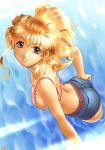  blonde_hair breasts denim denim_shorts shorts sideboob swimsuit water 